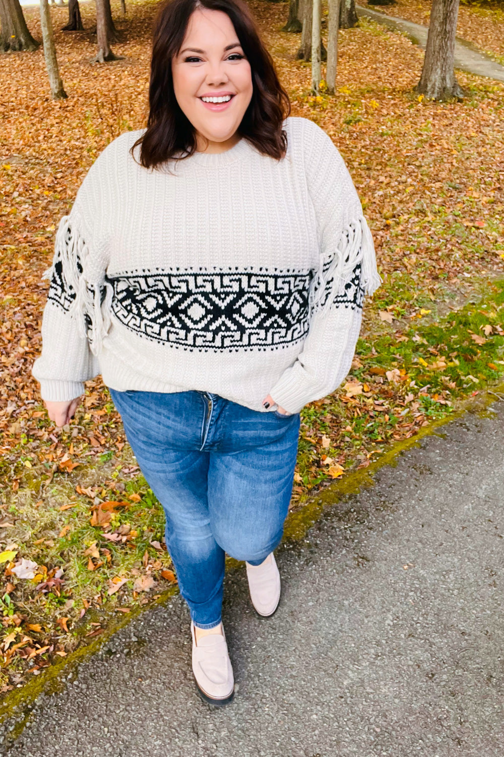 Ready For Anything Taupe & Black Tassel Aztec Sweater