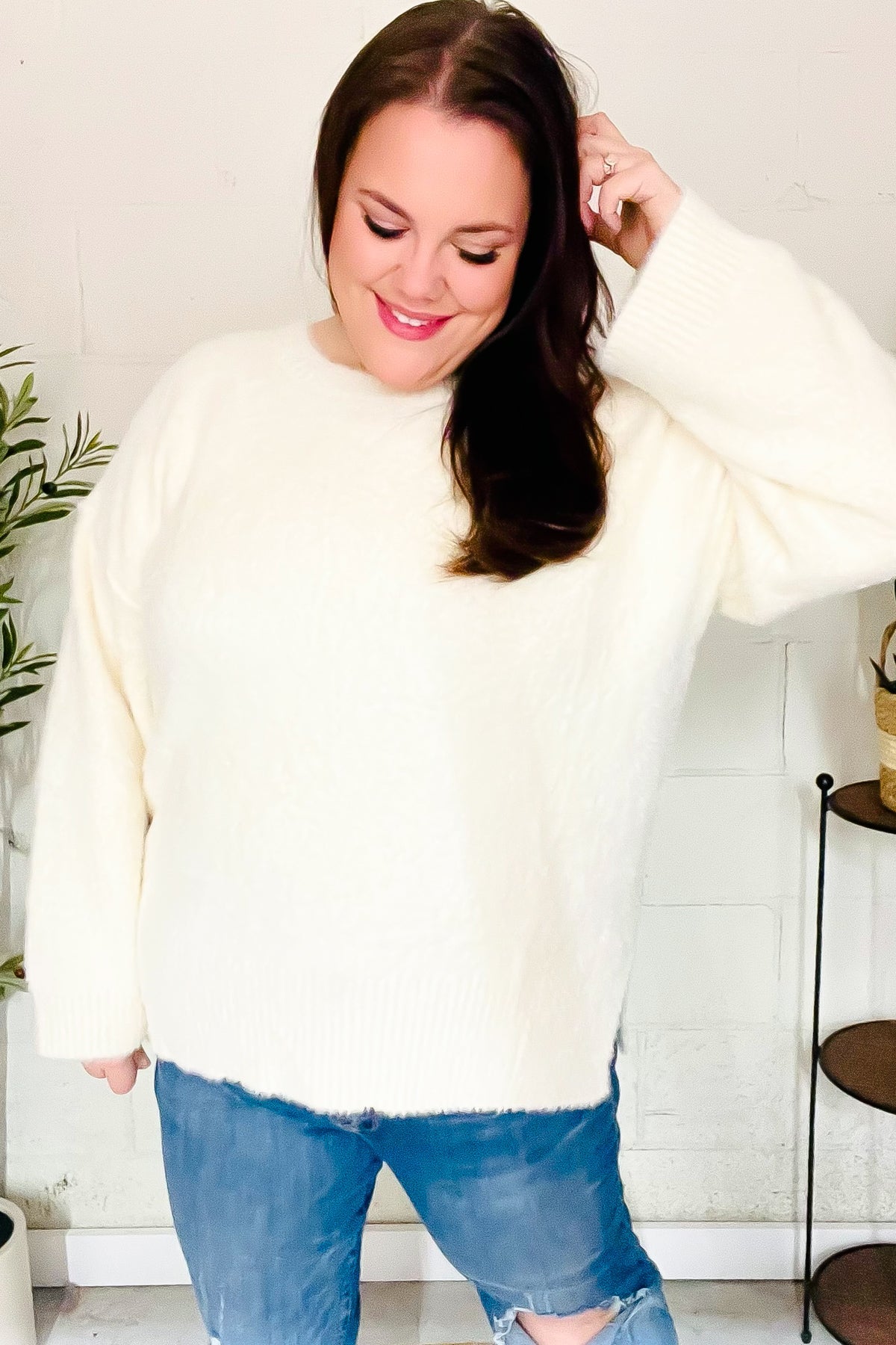 Classic Elegance Ivory Fuzzy Soft Knit Sweater