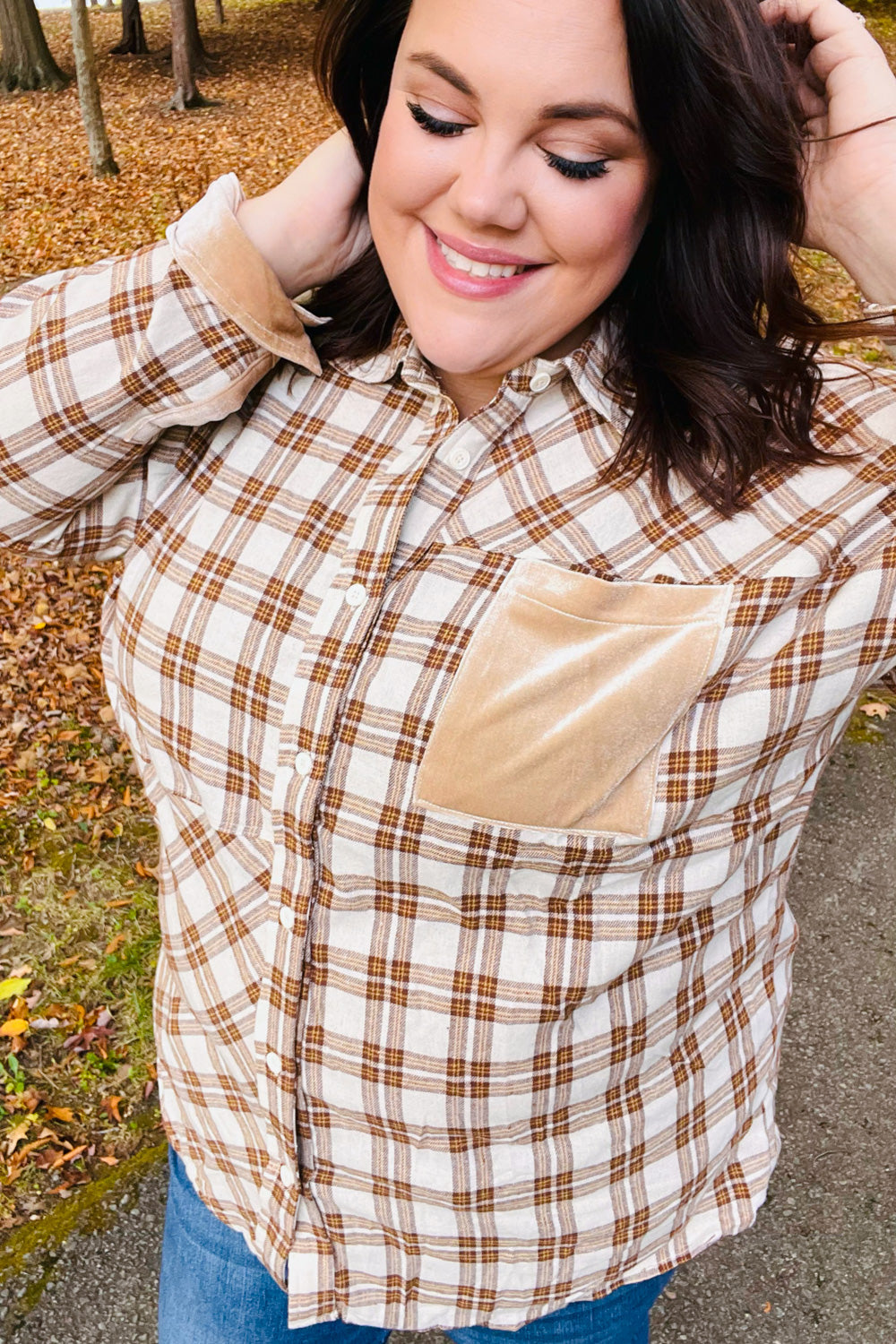 Taupe Plaid Velvet Pocket Button Down Top