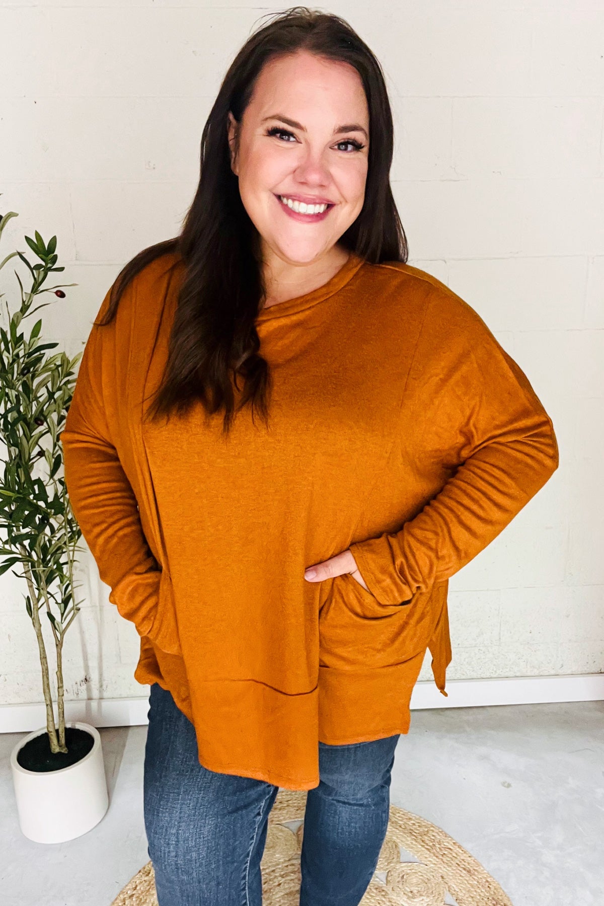 Rust Hacci Dolman Pocketed Sweater Top