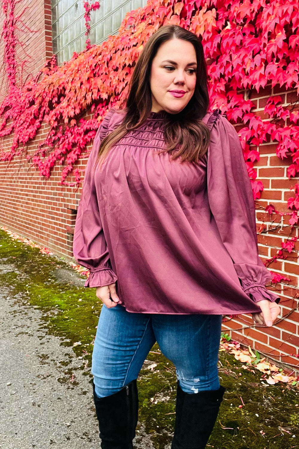 Be Your Best Wine Satin Shirred Yoke Frilled Mock Neck Top