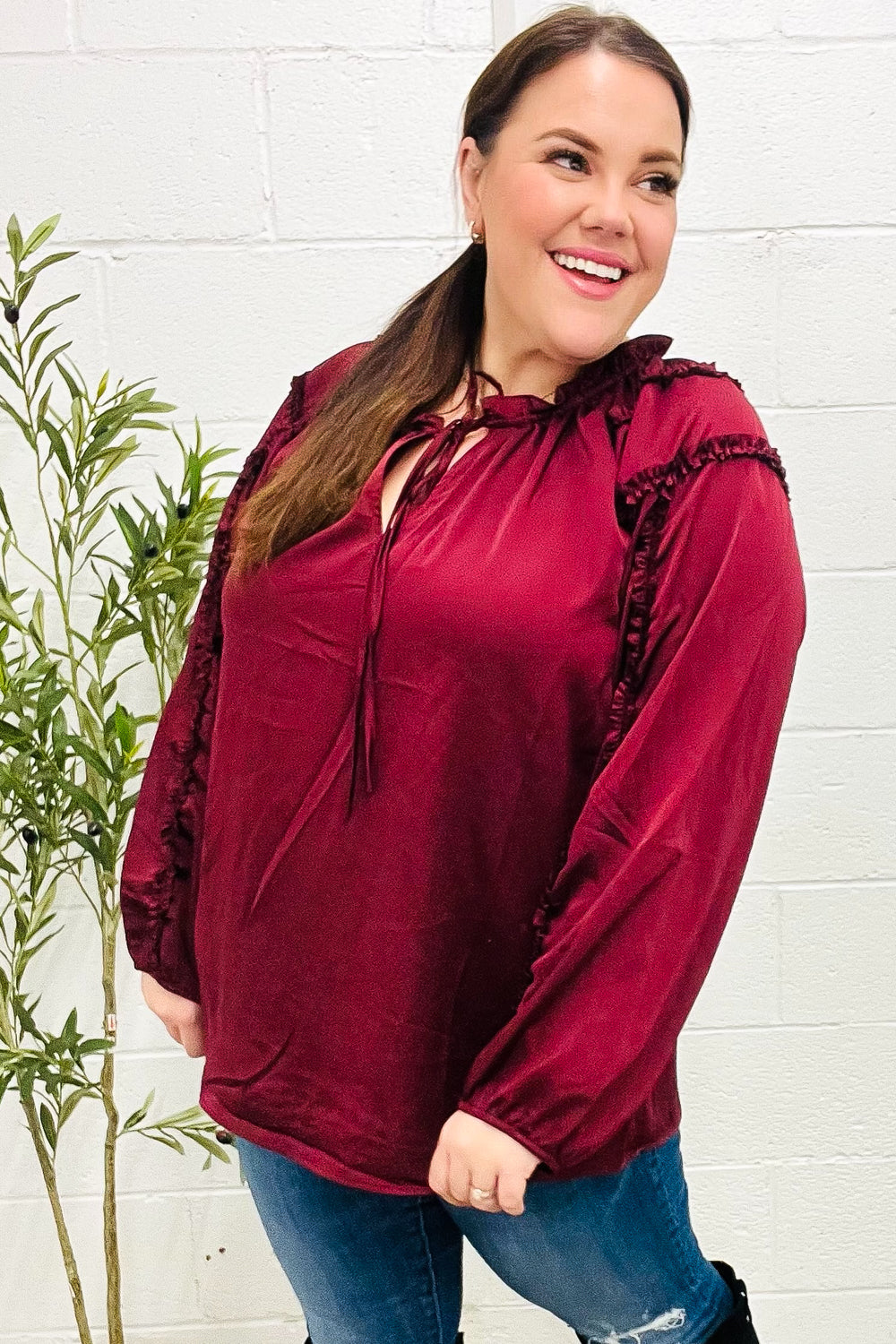 Holiday Vibes Burgundy Frill Detail Tie Neck Satin Top