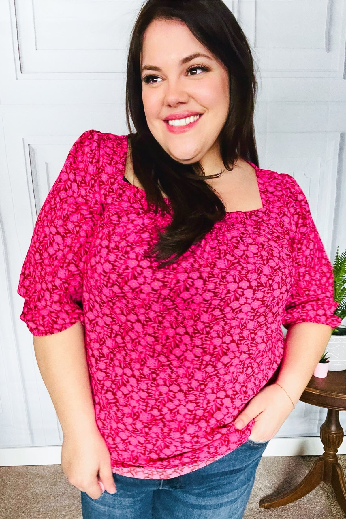 Perfectly You Fuchsia Floral Three Quarter Sleeve Square Neck Top