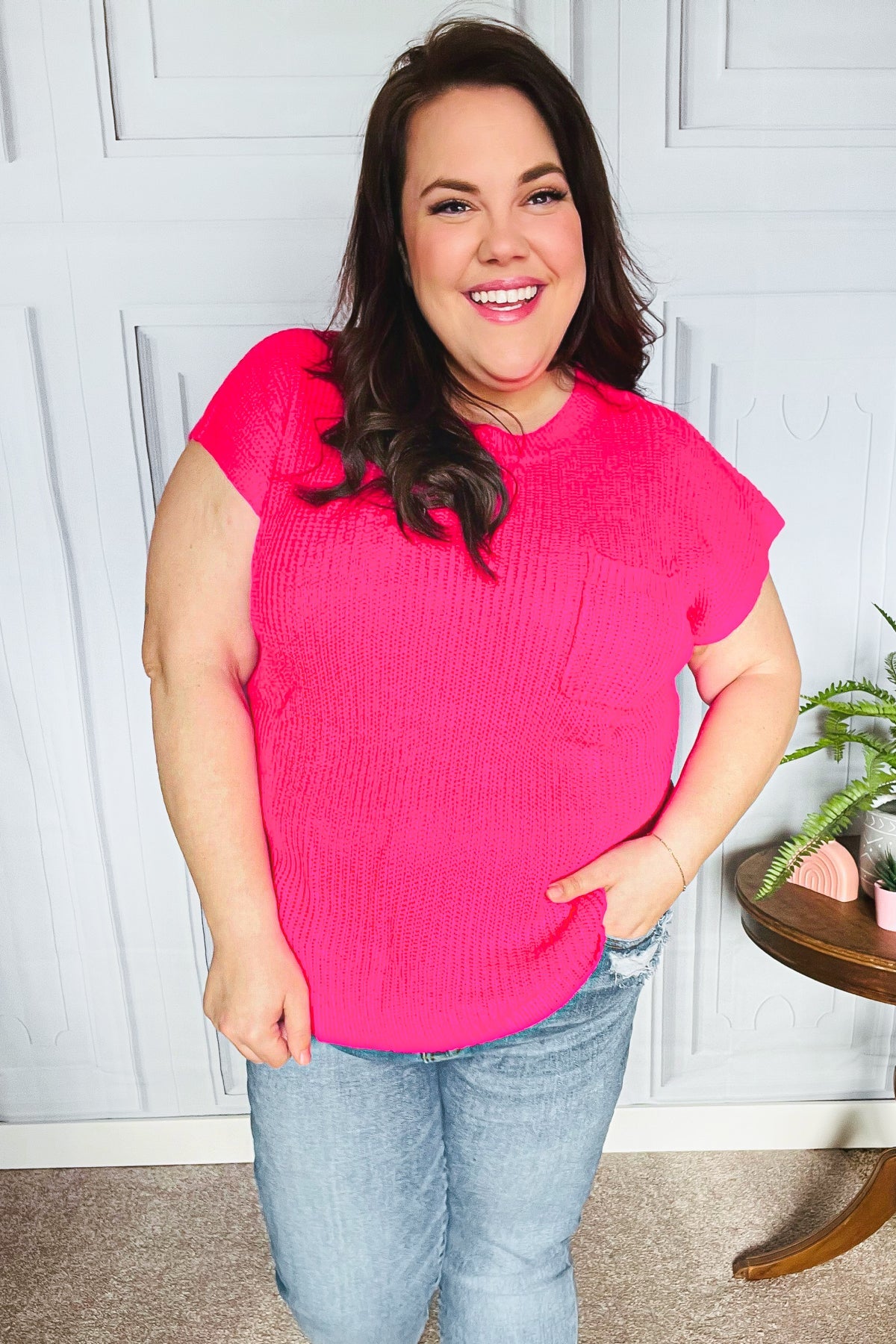 Best In Bold Hot Pink Dolman Ribbed Knit Sweater Top