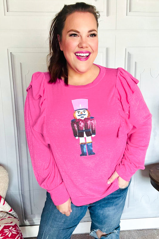 Holiday Hot Pink Sequin Nutcracker Ruffle Hacci Sweater