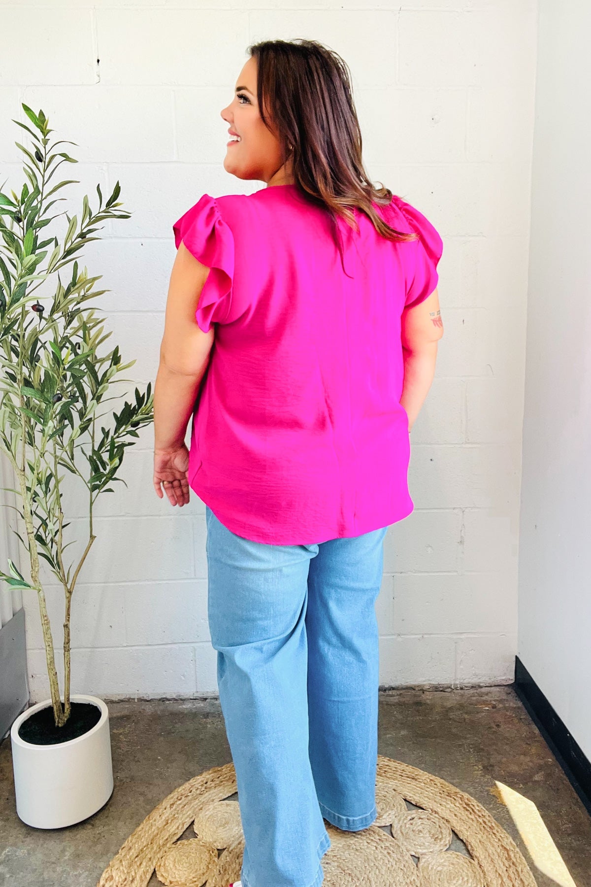 Summer Days Fuchsia Banded V Neck Flutter Sleeve Top