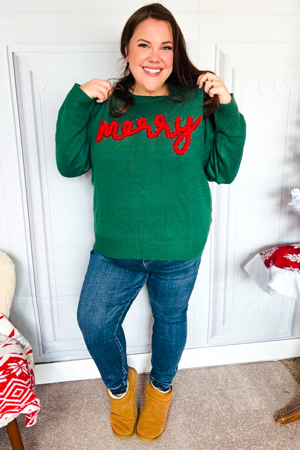 Be Merry Hunter Green Pop Up Lurex Sweater