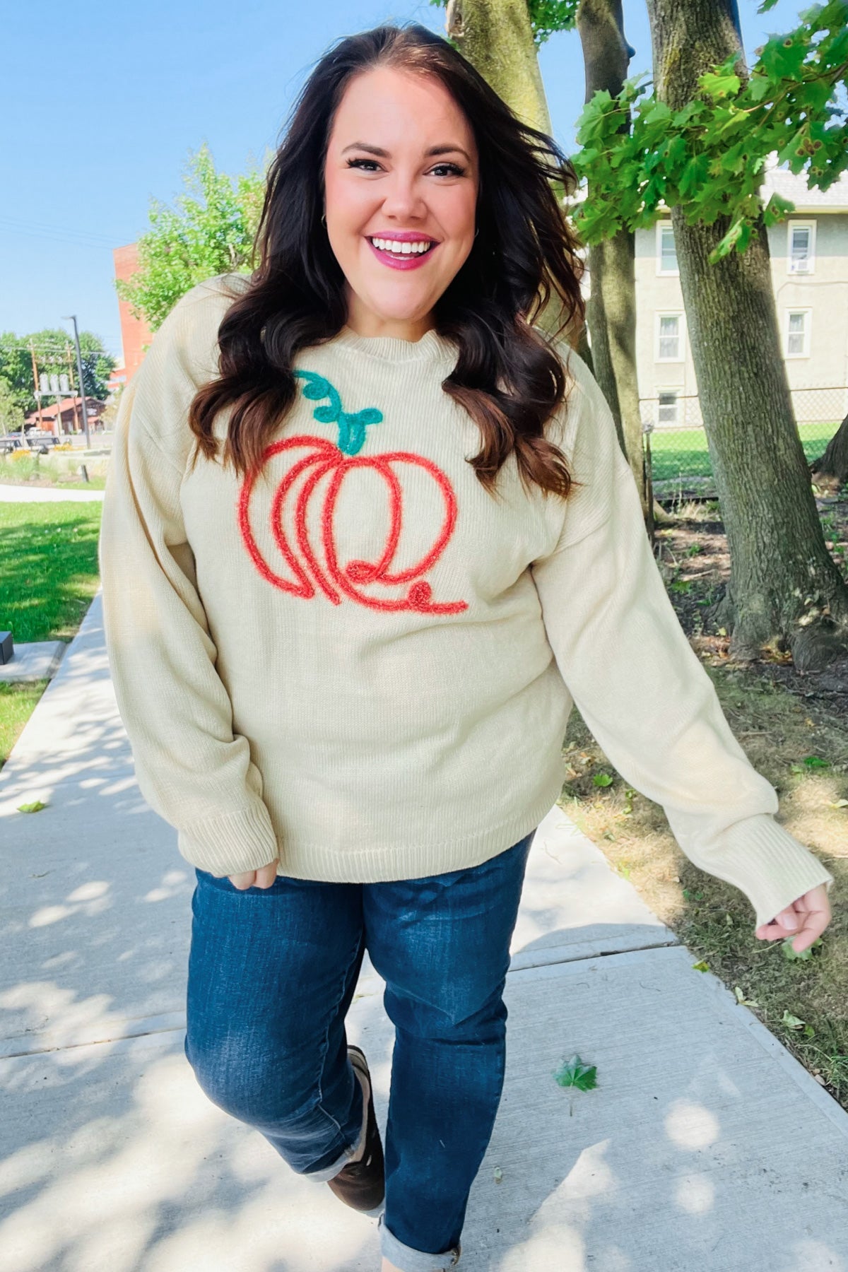 Pumpkin Spice Metallic Yarn Embroidered Oversized Sweater