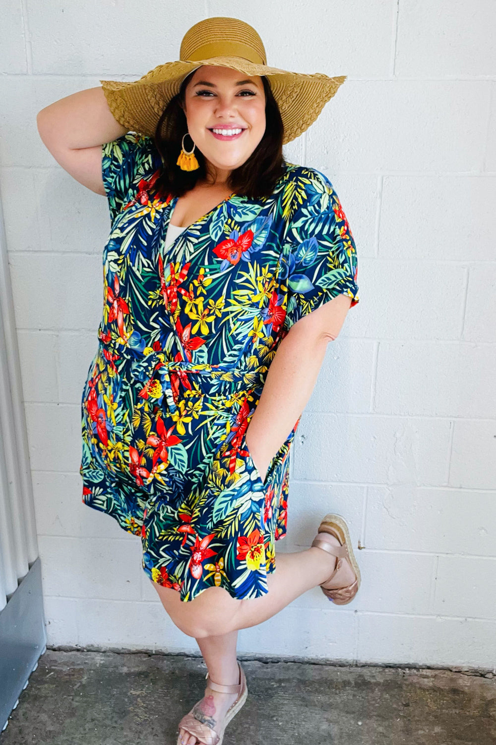 Navy Tropical Floral Surplice Romper