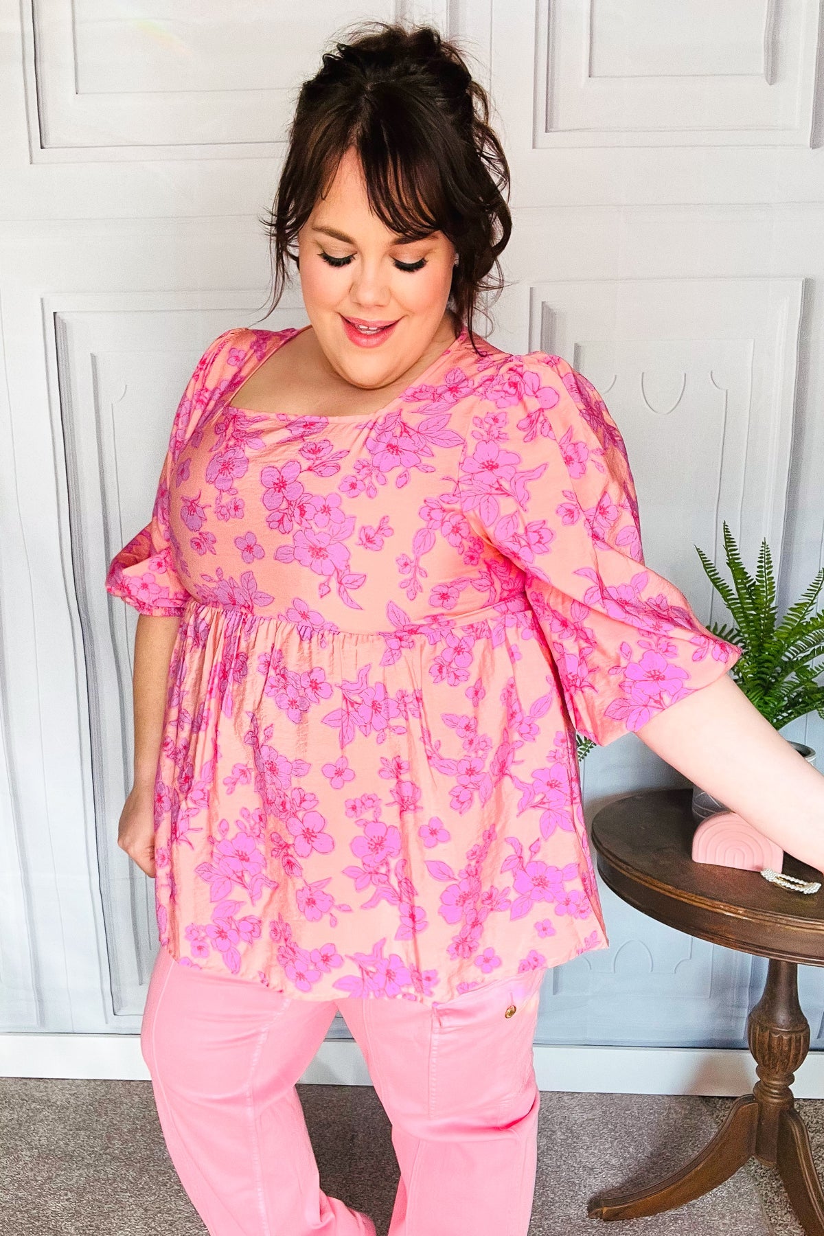 Making Moves Peach & Pink Floral Peplum Woven Top