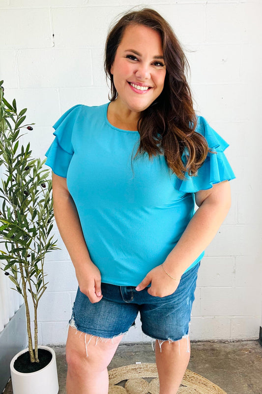 Lovely In Blue Tiered Double Ruffle Sleeve Woven Top