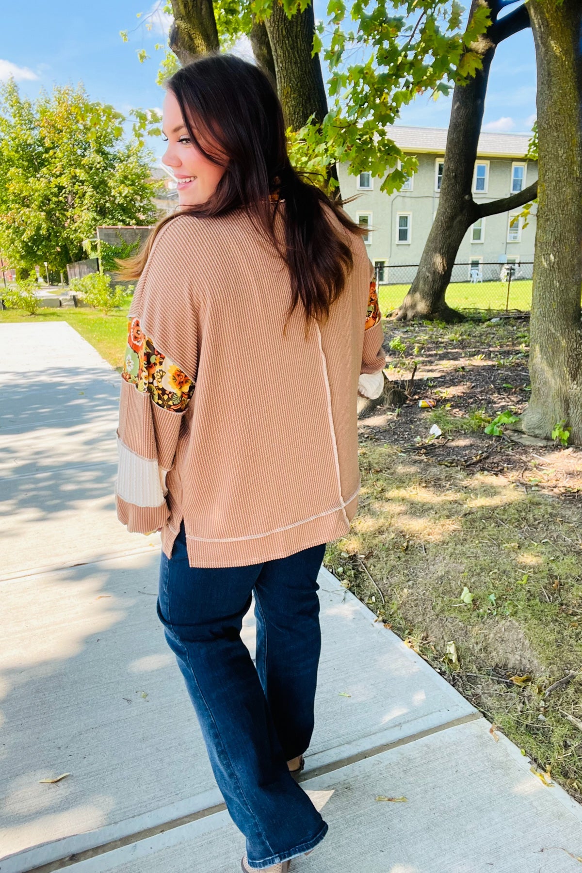 Charming Caramel Floral Print Colorblock Notch Neck Top