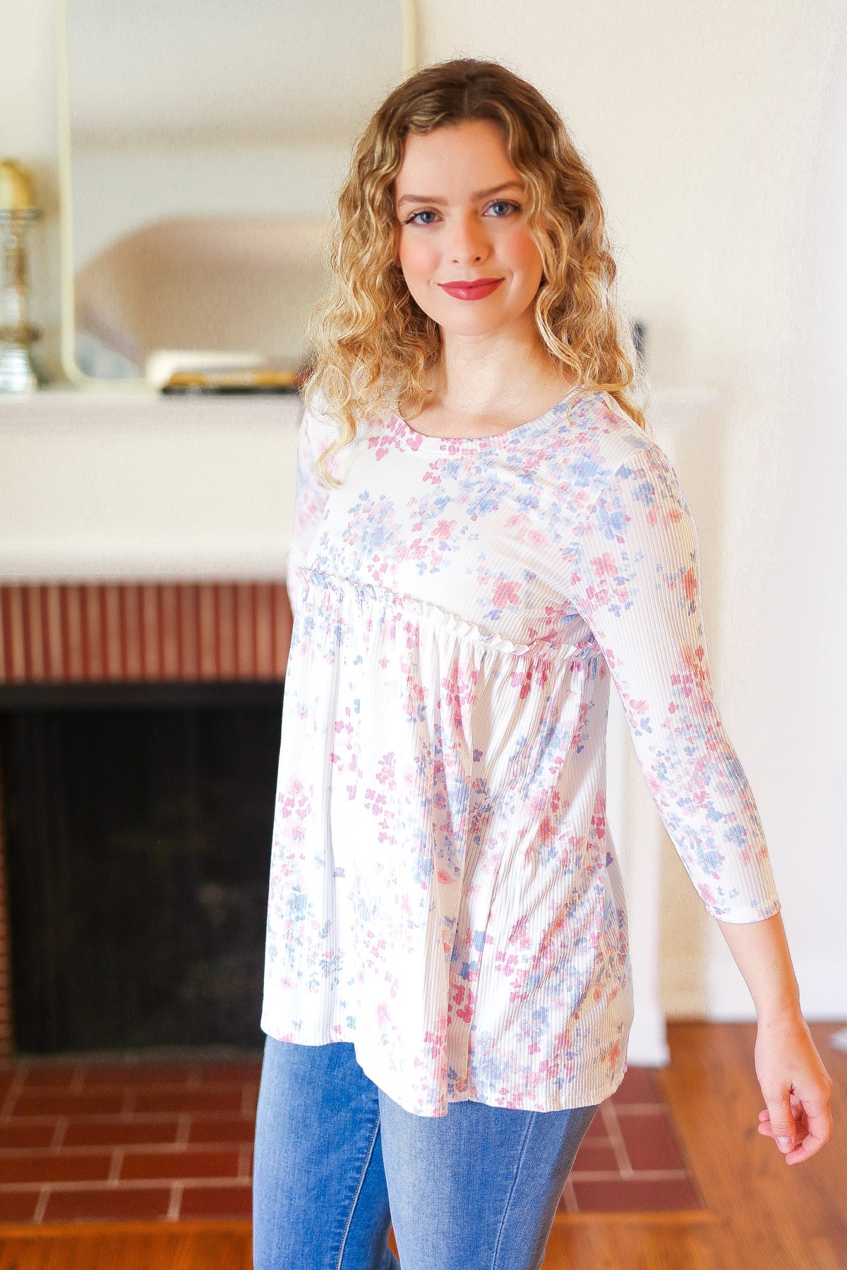 Feeling Fun Blue & Pink Floral Ribbed Babydoll Ruffle Top