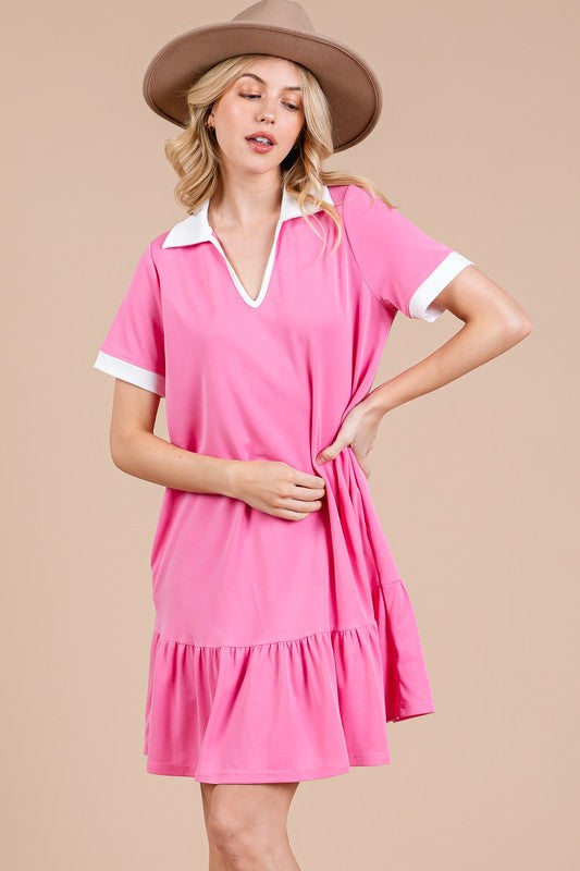 Ces Femme Ruffled Hem Johnny Collar Short Sleeve Dress